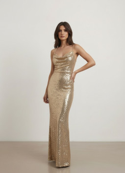 VESTITO LUNGO CON PAILLETTES DORATE