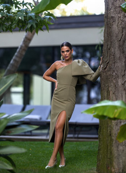 LETZTE - SALBEIGRÜNES MIDI-KLEID MIT SCHLEIFE