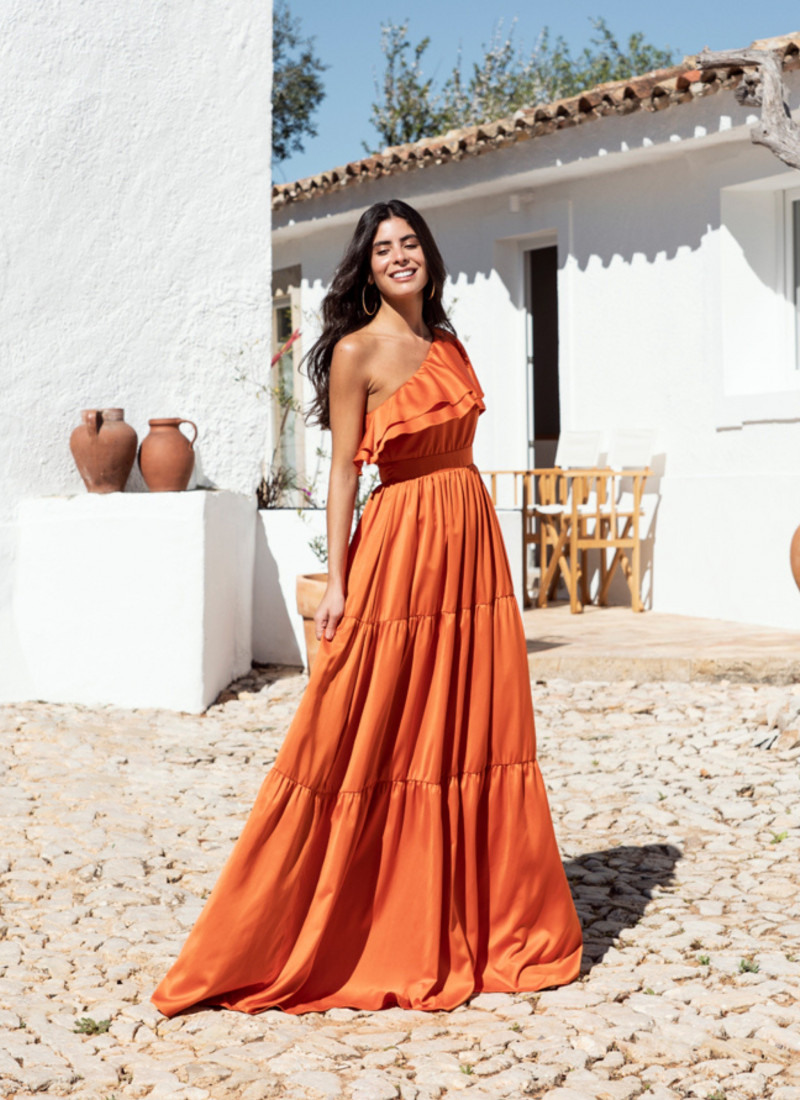 red orange long dress See-through Neckline Long Sleeve Orange Red Dress