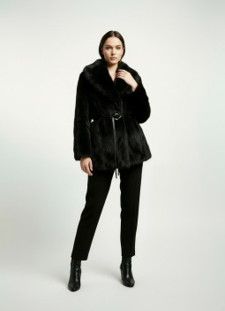BLACK FUR COAT WITH BELT