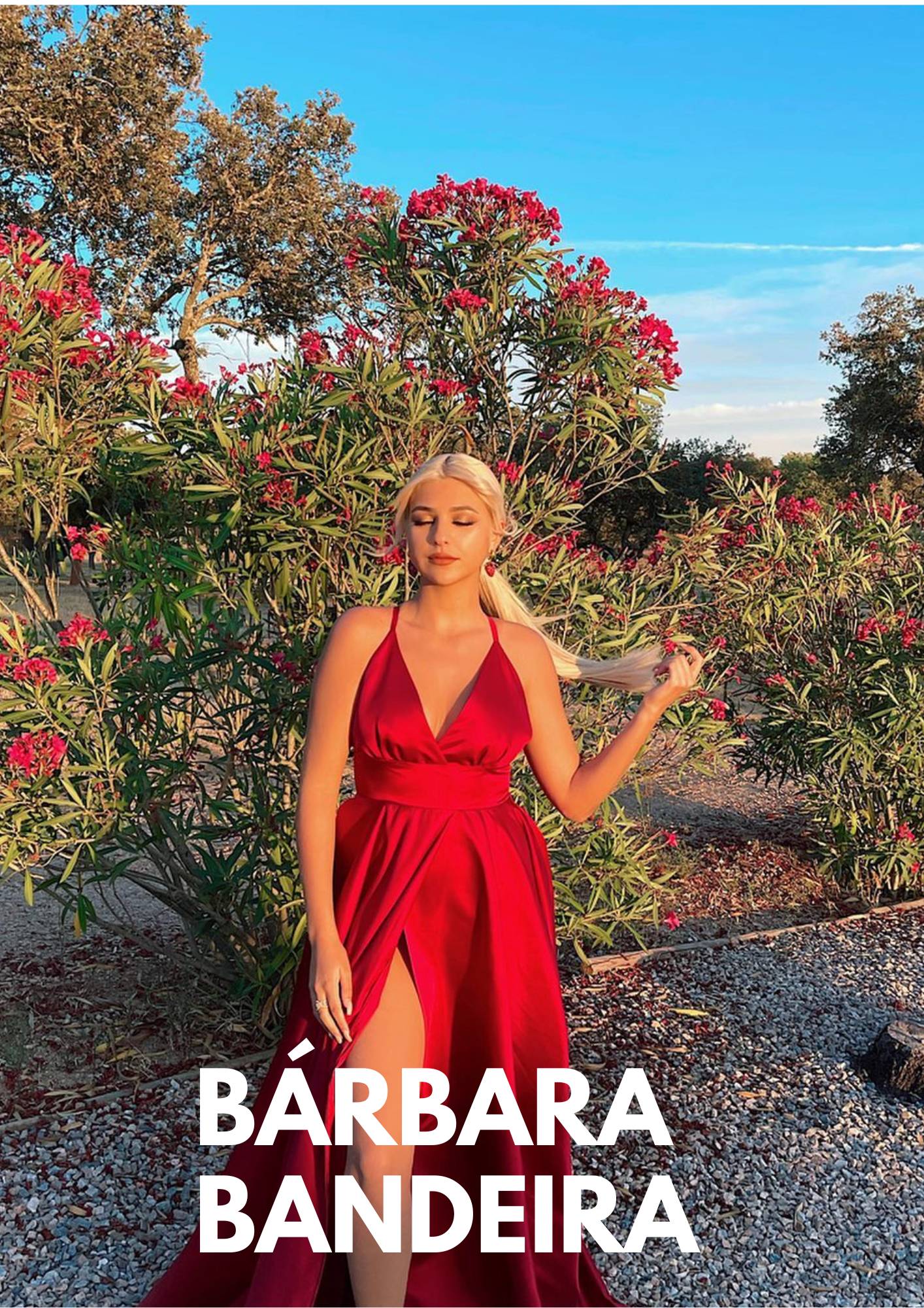 Portugiesische Sängerin Bárbara Bandeira in einem luxuriösen roten Kleid von MAUÎ Official