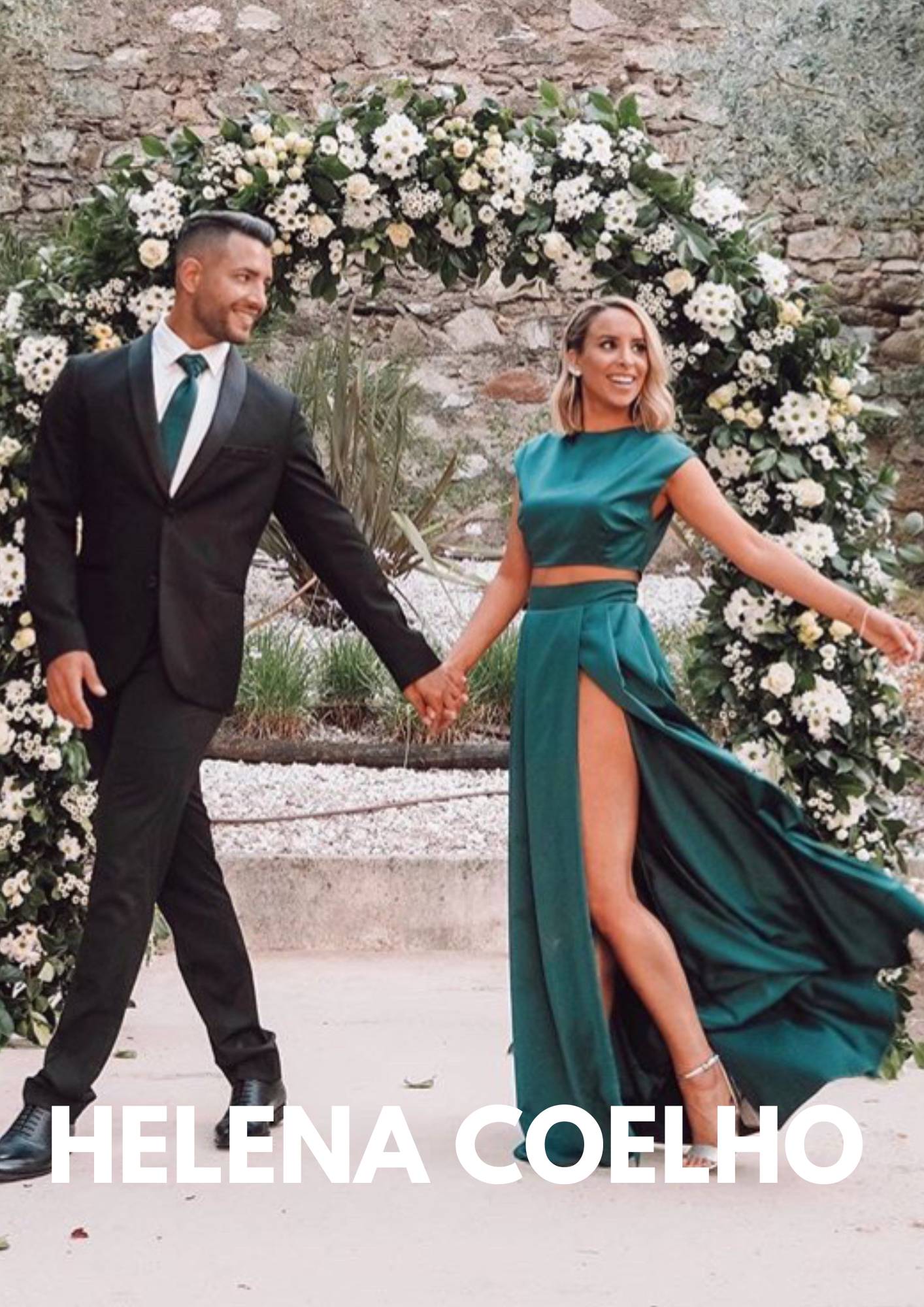 Portuguese TV presenter from TVI Helena Coelho in a luxury green dress, skirt, and top set by MAUÎ Official, alongside her boyfriend and husband, personal trainer Paulo Coelho